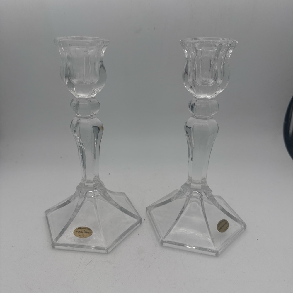 2 VTG Teleflora Tulip Fluted Candlestick Holders Made In France 7.5”